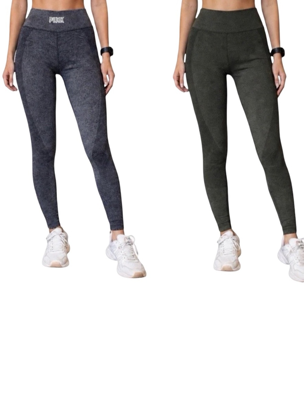 2 PINK Victoria's Secret Olive Green & Gray Seamless High-Waist Leggings S/M
